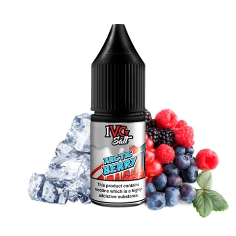 Frasco IVG Salt Arctic Berry con tapón negro y advertencia de nicotina, junto a frutos rojos, arándanos y cubitos de hielo.