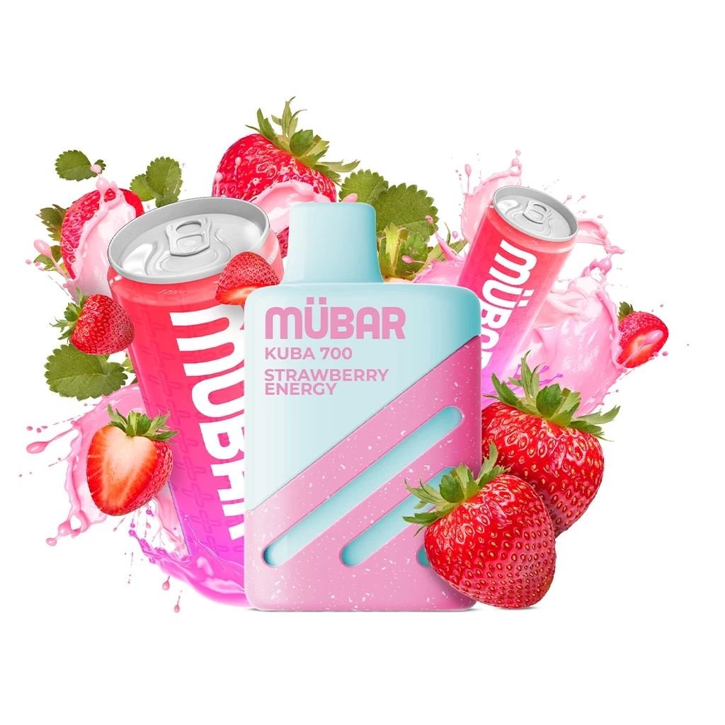 Vapeador Mübar Kuba 700 Strawberry Energy rosa y turquesa, rodeado de fresas, latas rosas y salpicaduras de líquido rosa.