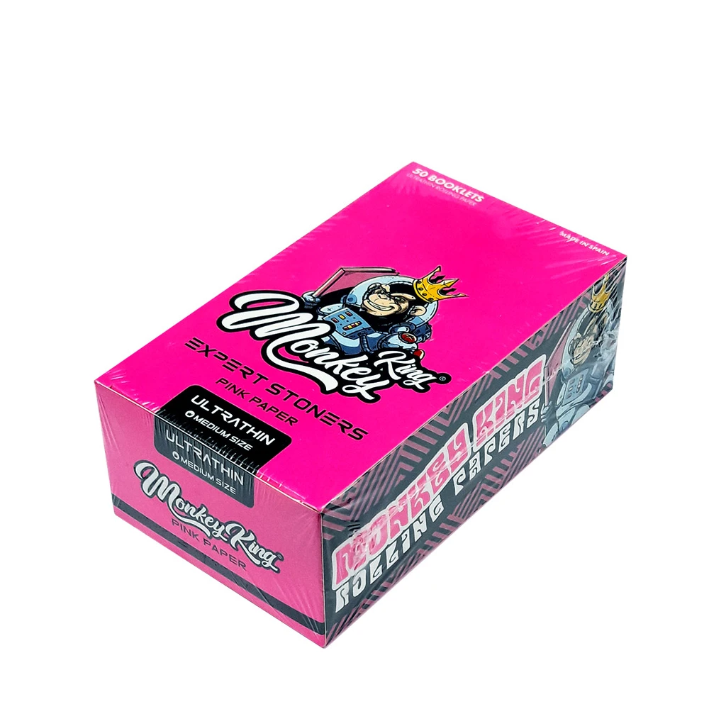 Caja cerrada de papel Monkey King Pink en perspectiva, de color rosa intenso, con un mono coronado y el texto Ultra Thin.
