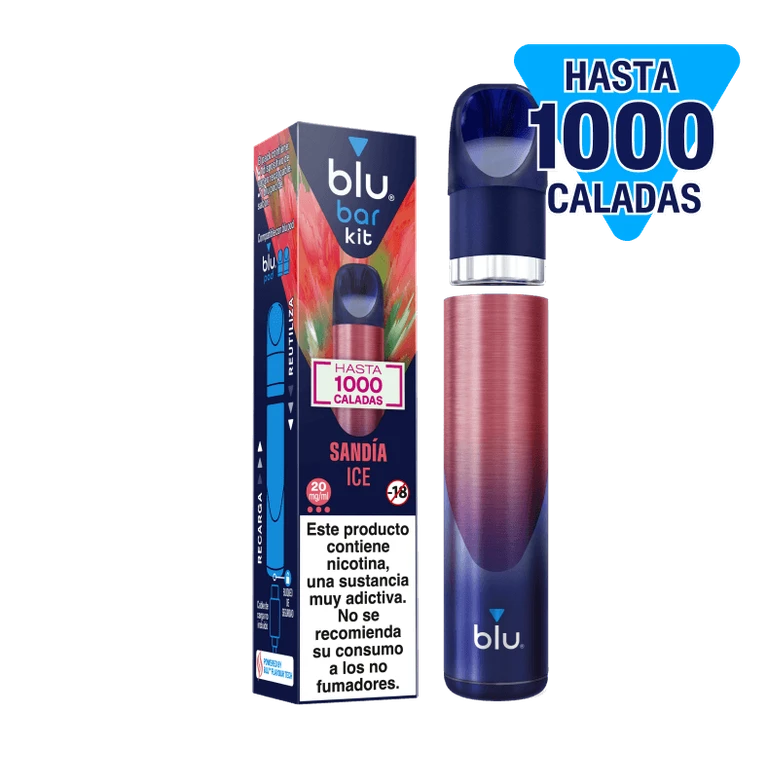Blu Bar Kit Sandía Ice junto a su caja, con cuerpo azul y rosa, aviso de nicotina y texto «Hasta 1000 caladas» sobre fondo negro.