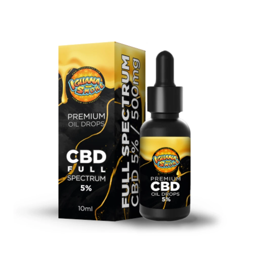 Frasco con cuentagotas y caja negra y amarilla de aceite IGuana Smoke CBD Full Spectrum, con etiquetas de 5 %, 500 mg y 10 ml.
