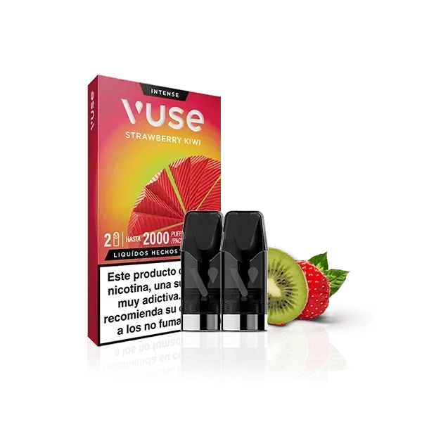 Pods negros Vuse Strawberry Kiwi junto a su caja roja y amarilla, con una fresa y medio kiwi sobre fondo negro.