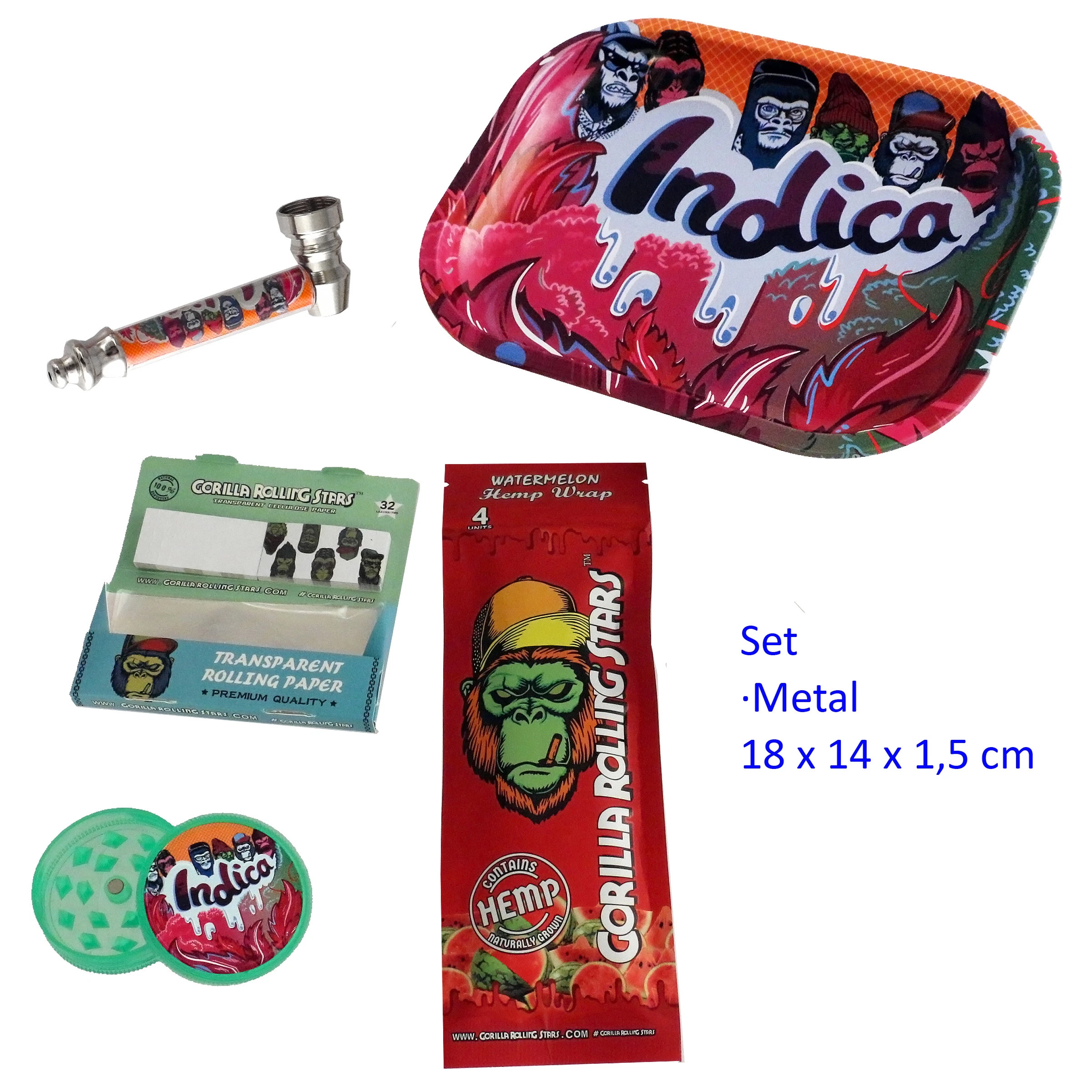 Set con bandeja multicolor rotulada Indica, pipa, grinder verde, papel transparente y envoltorio rojo de Gorilla Rolling Stars. Set con bandeja multicolor rotulada Indica, pipa, grinder verde, papel transparente y envoltorio rojo de Gorilla Rolling Stars.