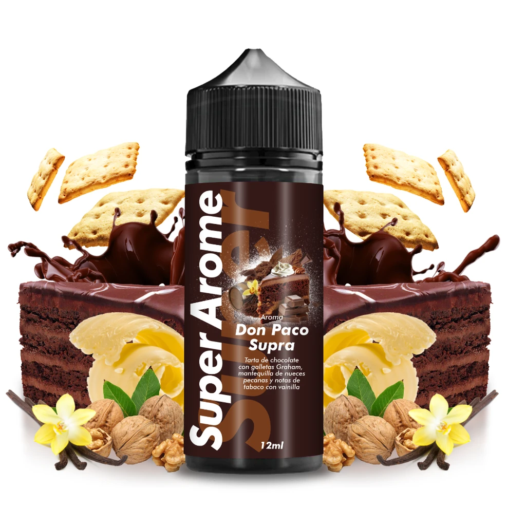 Bote Don Paco Supra de Super Arome con tapón negro y etiqueta de 12 ml, rodeado de tarta de chocolate, galletas, nueces y vainilla.