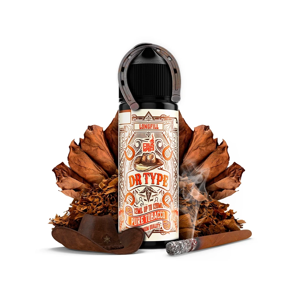 Bote Oil4Vap Dr Type Pure Tobacco de 12 ml con una herradura sobre el tapón, rodeado de hojas secas, un sombrero y un puro encendido.