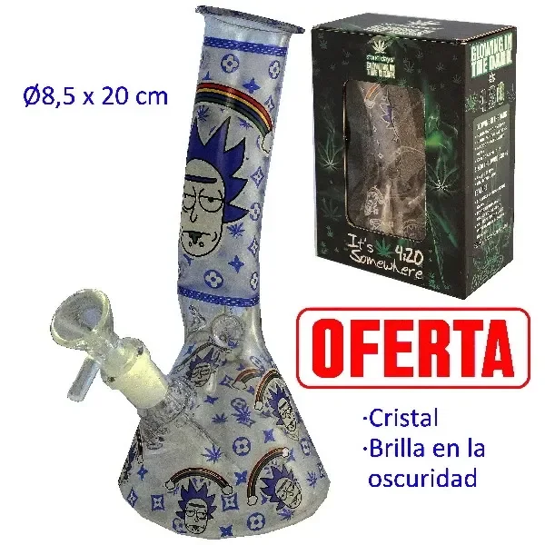 Bong de base ancha con dibujos de personajes, arcoíris y motivos azules, cazoleta lateral y caja ilustrada al lado.