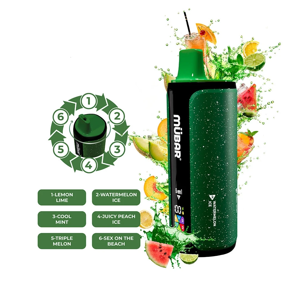 Vaper Mübar verde con boquilla superior, acompañado de un esquema de selección de seis sabores y un montaje de frutas.