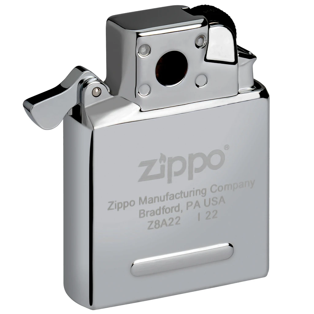 Inserto de gas butano Zippo Yellow Flame, de acabado plateado, con rueda de encendido negra, palanca lateral y logotipo grabado.