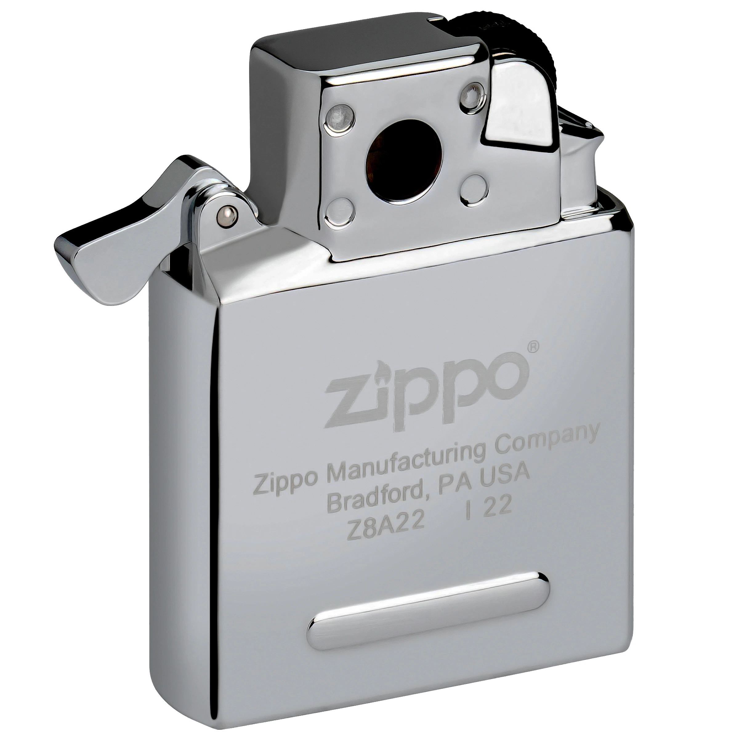 Inserto de gas butano Zippo Yellow Flame, de acabado plateado, con rueda de encendido negra, palanca lateral y logotipo grabado.