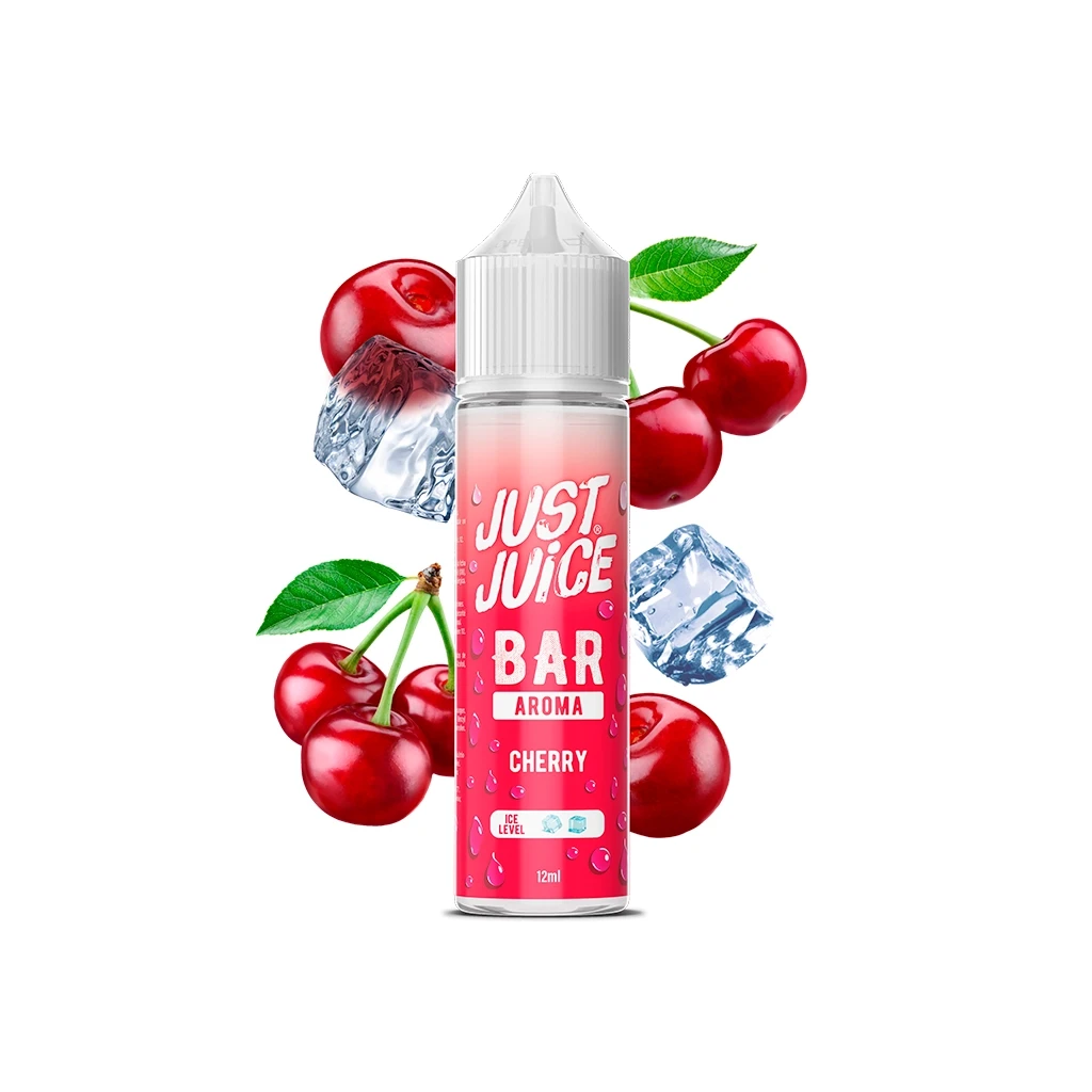 Botella Just Juice Bar Cherry de 12 ml, con etiqueta rosa y tapón blanco, rodeada de cerezas, hojas verdes y cubitos de hielo.