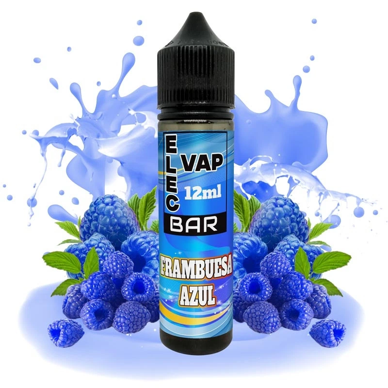 Botella Elecvap Bar Frambuesa Azul de 12 ml con tapón negro, rodeada de frambuesas azules, hojas verdes y una salpicadura azul.