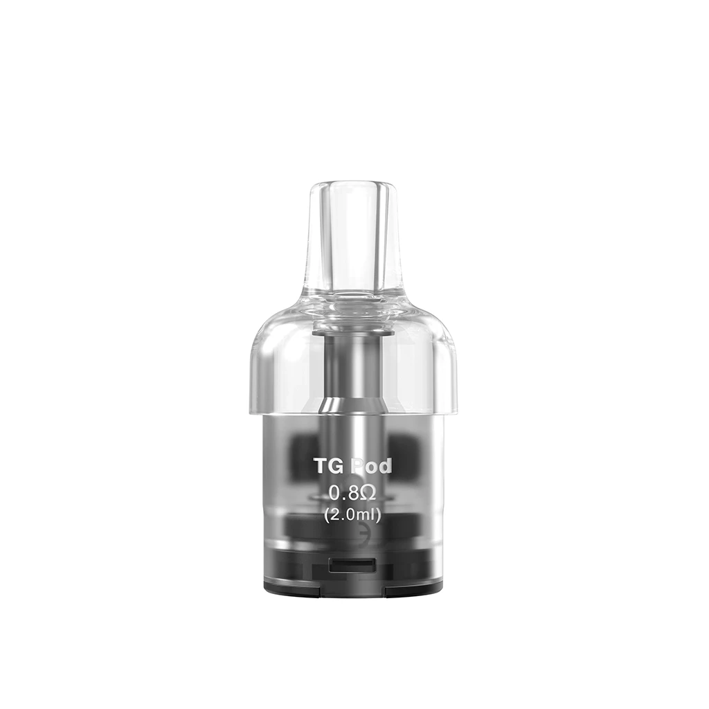 Pod Aspire TG transparente con boquilla superior, base negra e inscripción visible de 0,8 Ω y 2,0 ml, sobre fondo blanco.