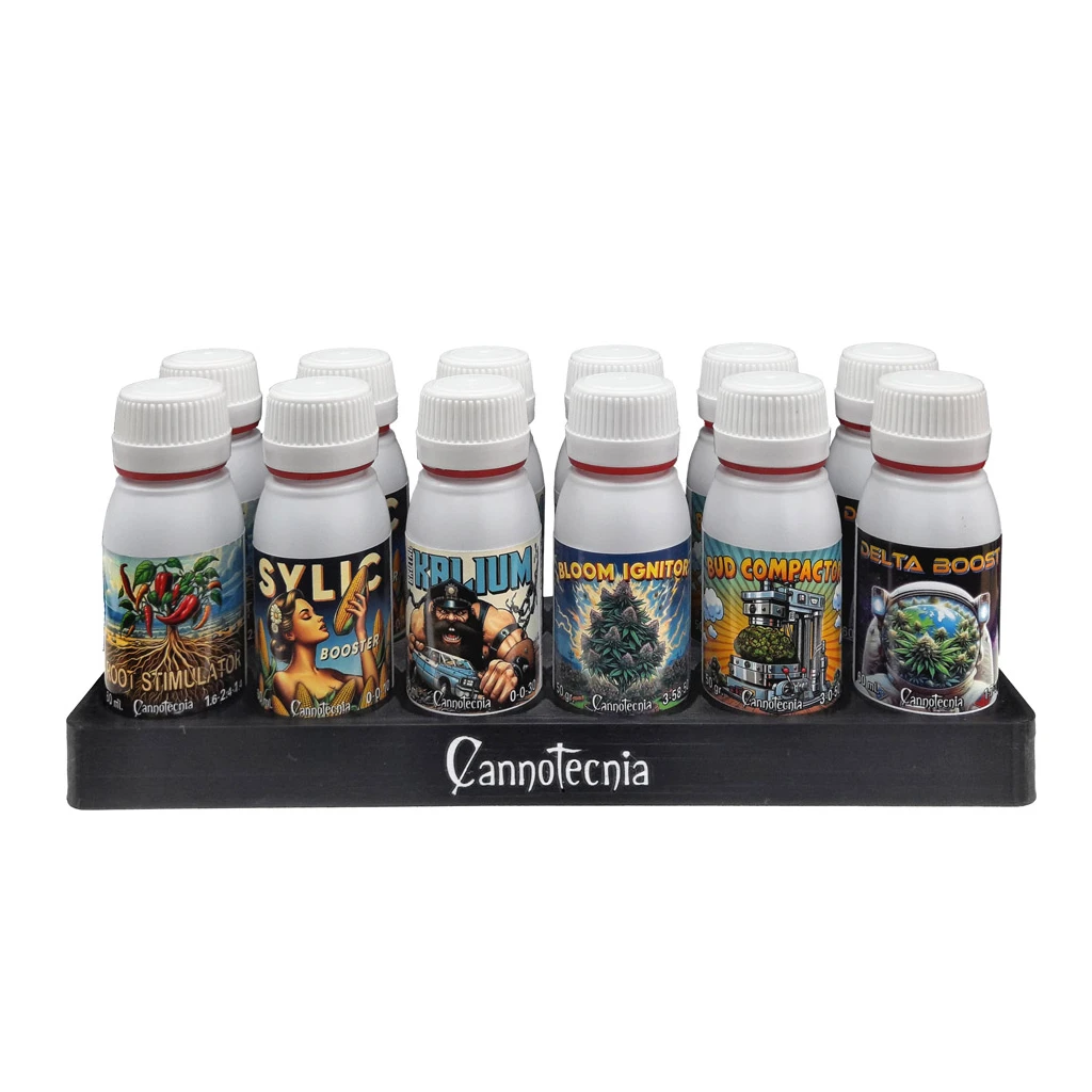 Kit Cannotecnia Brutal con varios frascos blancos de etiquetas ilustradas y tapones estriados, dispuestos en una bandeja negra.