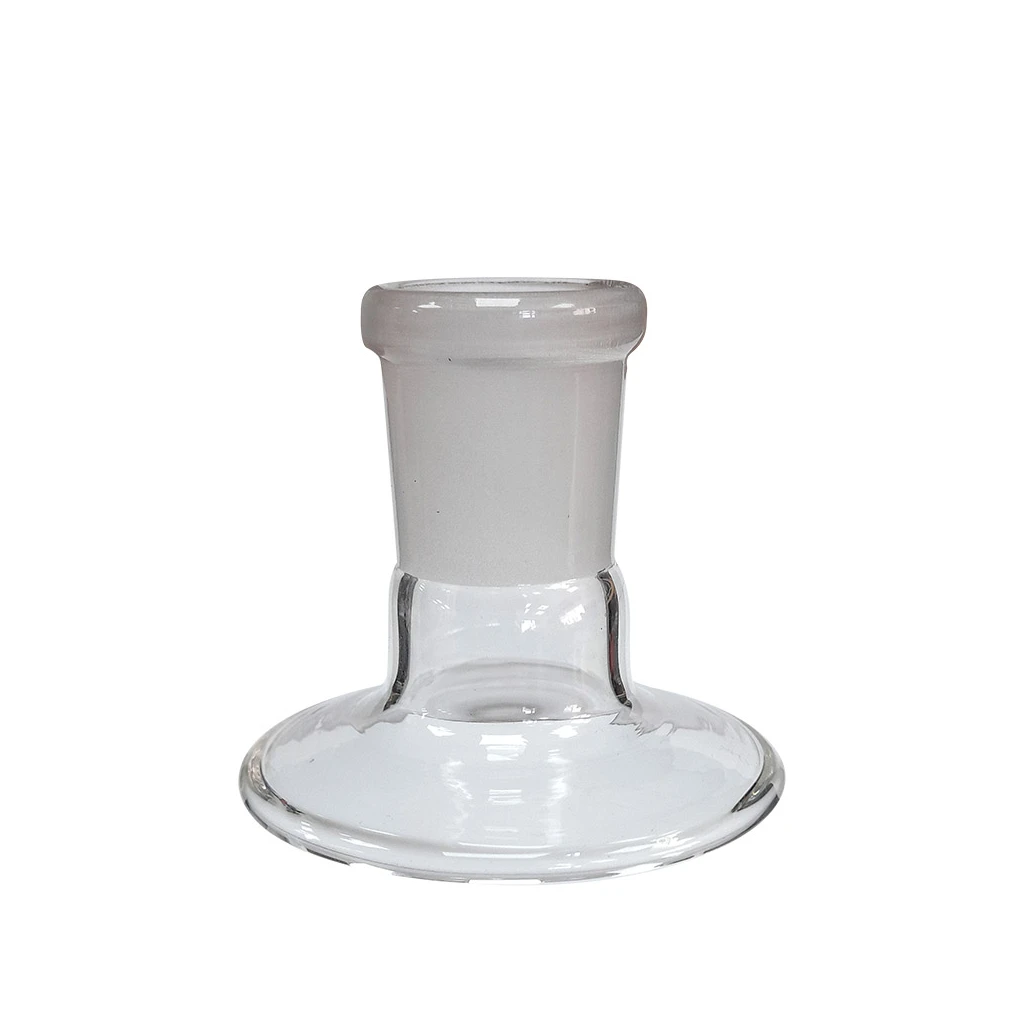 Soporte transparente para cazoletas con base circular ancha y cuello vertical de acabado esmerilado, sobre fondo blanco.
