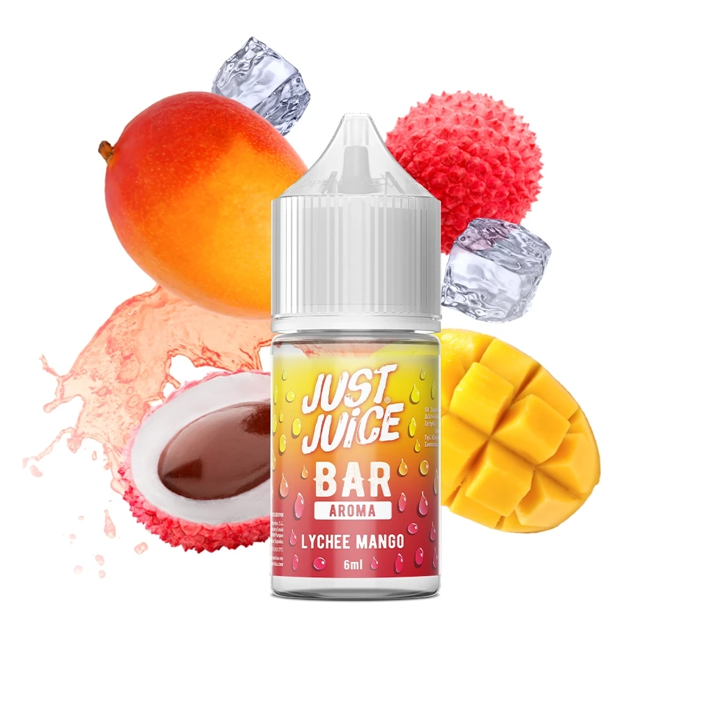 Frasco Just Juice Bar Lychee Mango de 6 ml con tapón blanco, rodeado de mangos, lichis, cubitos de hielo y una salpicadura.