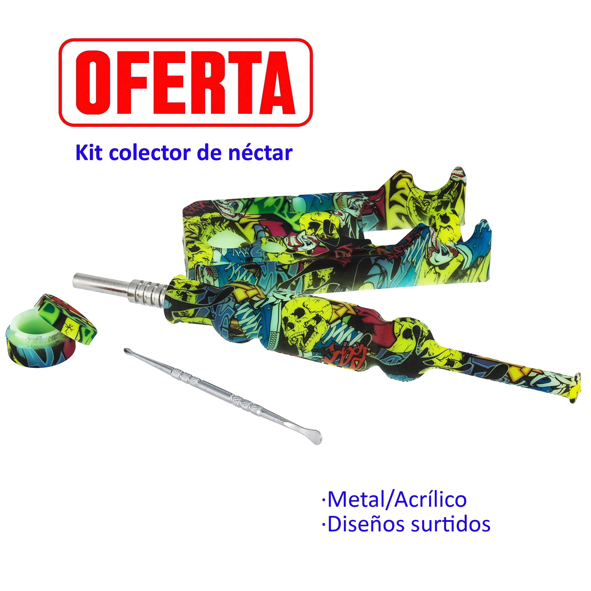 Kit Nectar Collector con estampado multicolor de calaveras, punta metálica, recipiente y herramienta, junto a su caja abierta.