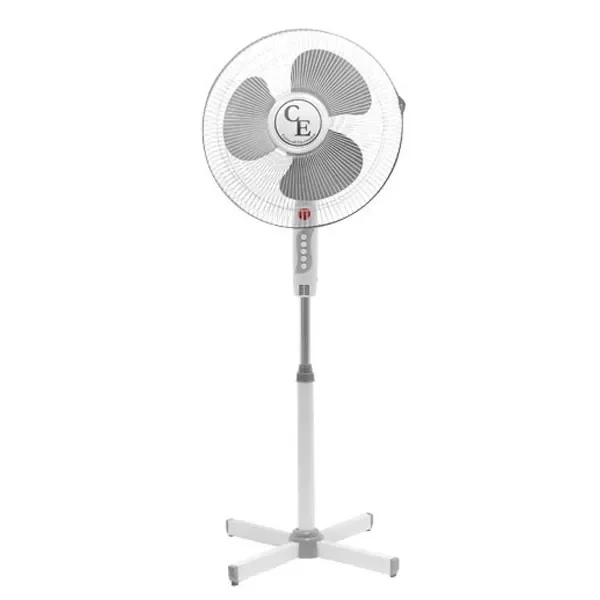 Ventilador de pie blanco y gris con rejilla circular, aspas grises, botones en el soporte y base en cruz sobre fondo blanco.