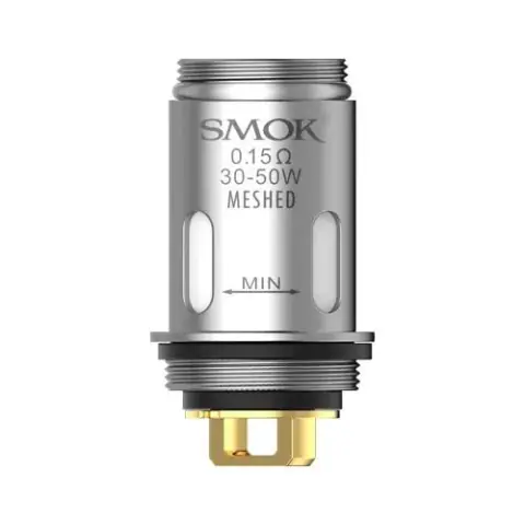 Resistencia SMOK cilíndrica plateada, con roscas, aberturas laterales y contacto dorado; marcada 0,15 Ω, 30–50 W y Meshed.