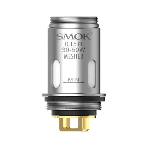 Resistencia SMOK cilíndrica plateada, con roscas, aberturas laterales y contacto dorado; marcada 0,15 Ω, 30–50 W y Meshed.