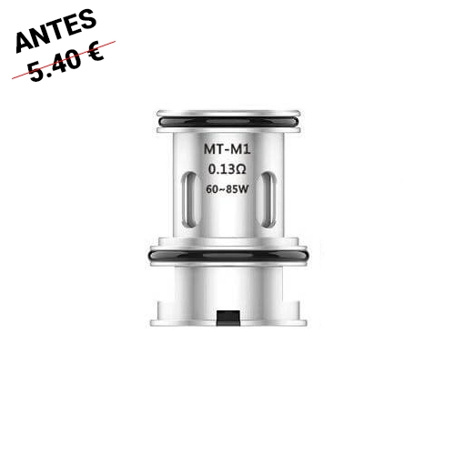 Resistencia Voopoo plateada con juntas negras e inscripciones MT-M1, 0.13 Ω y 60–85 W, aislada sobre fondo blanco.