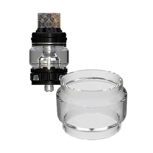 Tubo de cristal convexo Eleaf ELLO Duro transparente, en primer plano junto a un atomizador con piezas negras y boquilla jaspeada.