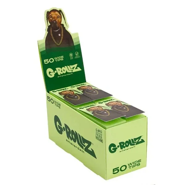 Expositor verde de filtros G-Rollz Pets Rock Rap Wide, con libritos ilustrados con un perro con cadenas y el texto «50 Wide Tips».
