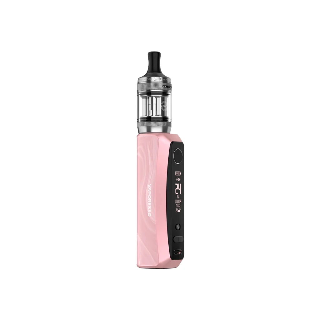 Vaporesso GTX One Pro Kit rosa, con panel negro, pantalla encendida y depósito transparente rematado por una boquilla negra. Vaporesso GTX One Pro Kit rosa, con panel negro, pantalla encendida y depósito transparente rematado por una boquilla negra.