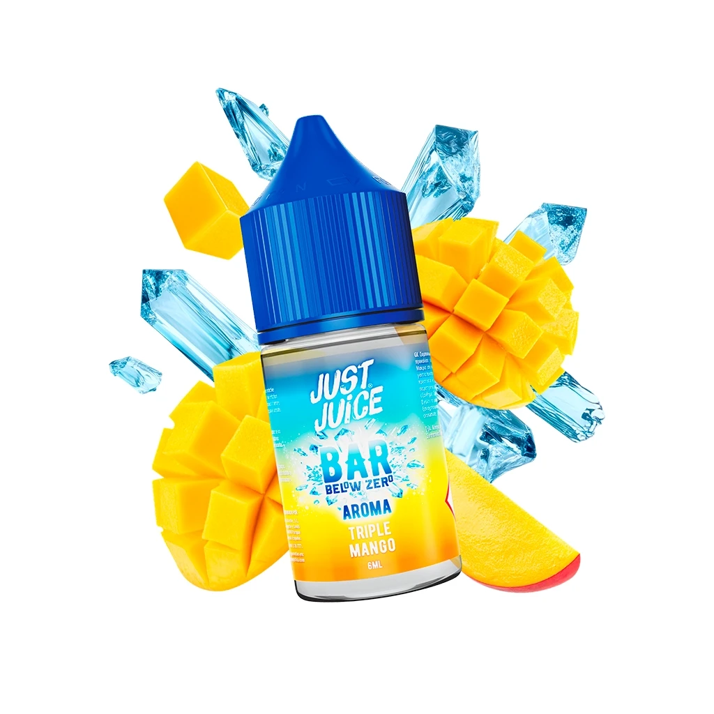 Frasco Just Juice Below Zero Triple Mango de 6 ml, con tapón azul, rodeado de trozos de mango y cristales de hielo ilustrados.