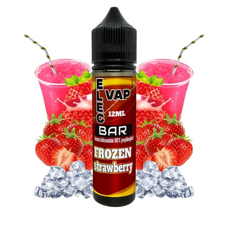 Frasco de aroma Frozen Strawberry Bar Elecvap de 12 ml con tapón negro, rodeado de fresas, hielo y vasos de granizado rosa.