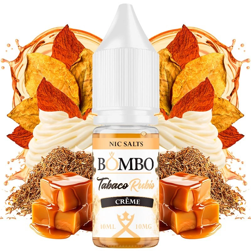 Frasco Bombo Nic Salts Tabaco Rubio Crème de 10 ml y 10 mg, con hojas de tabaco, remolinos de crema y dados de caramelo al fondo.