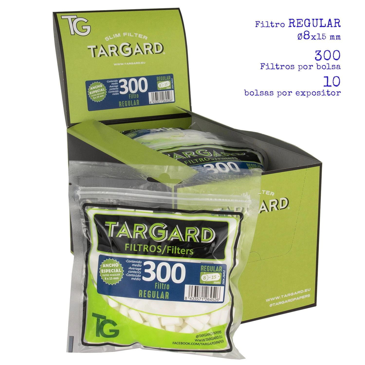 Filtros TarGard Regular en bolsa transparente con etiqueta verde y azul de 300 filtros, delante de un expositor abierto. Filtros TarGard Regular en bolsa transparente con etiqueta verde y azul de 300 filtros, delante de un expositor abierto.