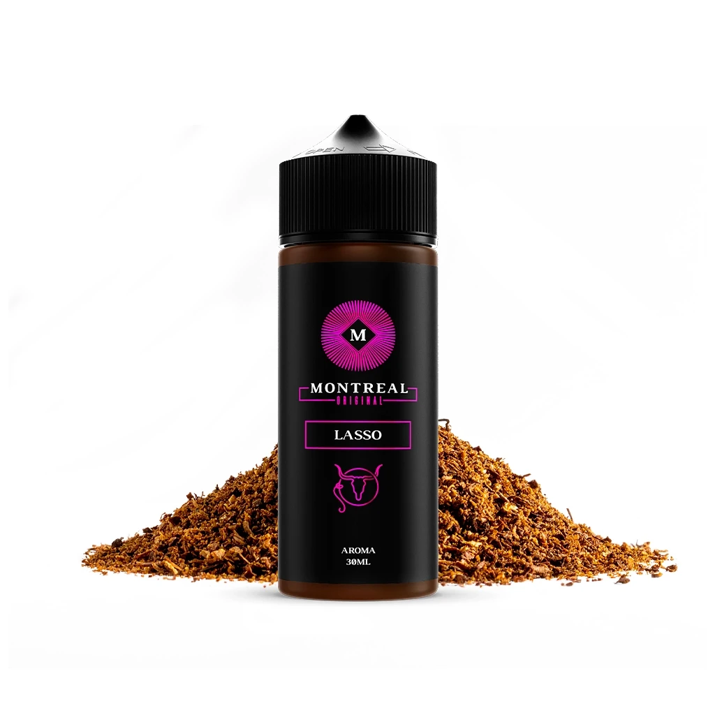 Frasco Montreal Original Lasso con tapón negro y etiqueta negra y fucsia de aroma 30 ml, ante un montículo de tabaco picado.