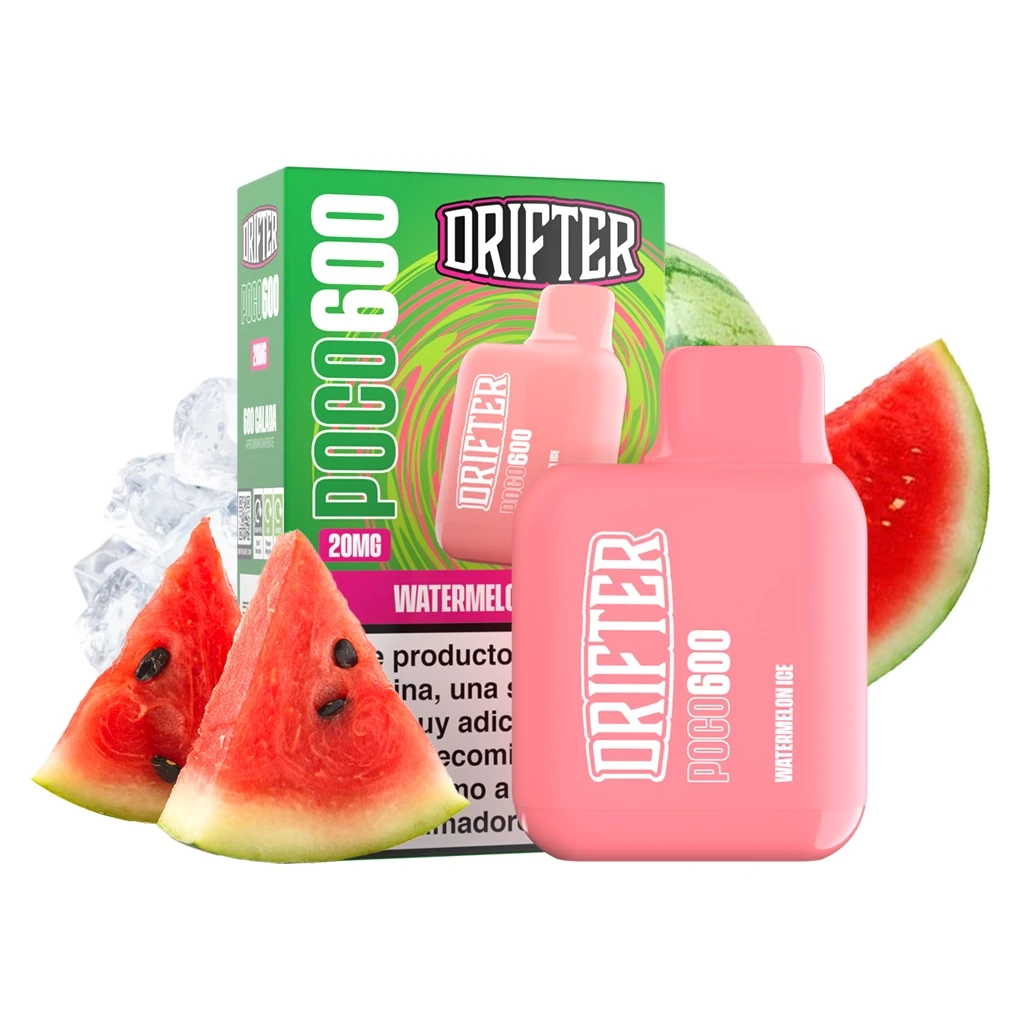 Vapeador rosa Drifter Poco 600 Watermelon Ice junto a su caja verde con etiqueta de 20 mg, rodajas de sandía y cubitos de hielo.