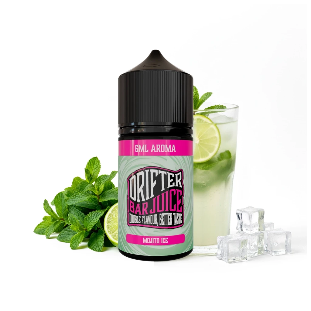 Botella Drifter Bar Juice Mojito Ice de 6 ml con tapón negro y etiqueta verde y rosa, junto a un vaso con lima, menta y hielo.