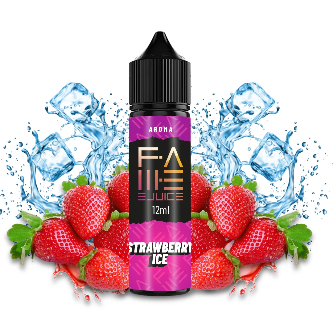 Frasco de aroma Strawberry Ice Fame Ejuice de 12 ml con etiqueta fucsia, rodeado de fresas, cubitos de hielo y salpicaduras.