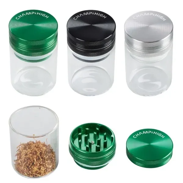 Modelos de contenedor transparente con grinder y tapa verde, negra o plateada; debajo se muestra el modelo verde desmontado.