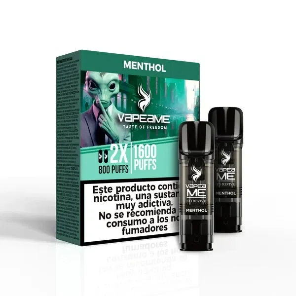Cápsulas negras To Revive Menthol junto a una caja verde Vapeame con un personaje alienígena y advertencia sobre nicotina.