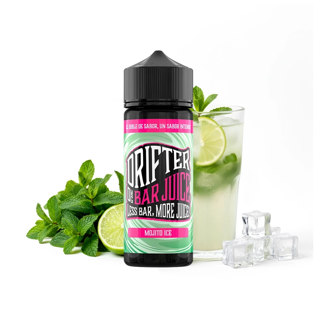 Botella de Drifter Bar Mojito Ice Longfill con etiqueta verde y rosa, junto a un vaso con lima y menta y varios cubitos de hielo.