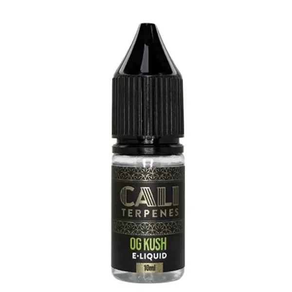 Frasco de E-Liquid Cali Terpenes OG Kush de 10 ml con tapón negro alargado y etiqueta negra con letras doradas y verdes, sobre fondo blanco.