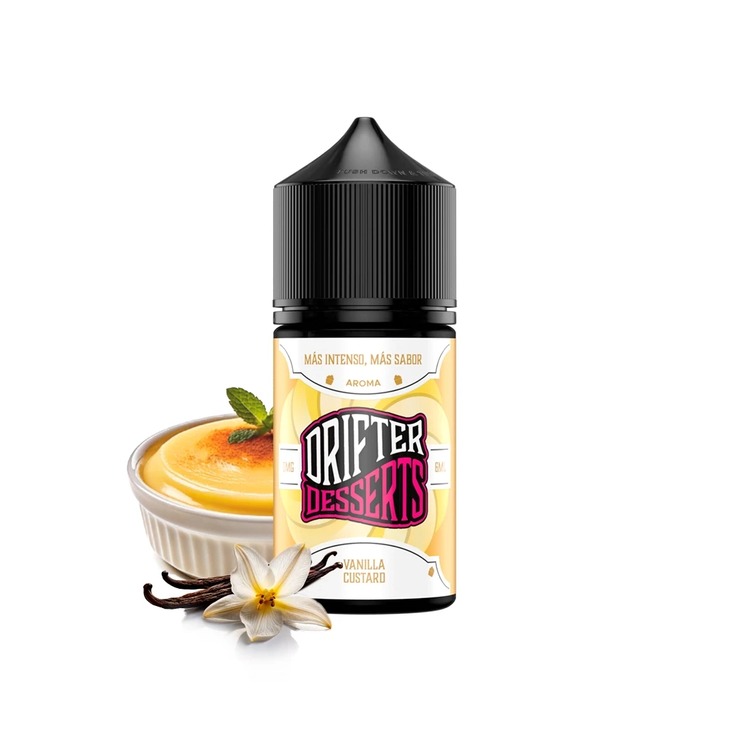 Bote Drifter Desserts Vanilla Custard con tapón negro y etiqueta amarilla, junto a un cuenco de crema, vainas y una flor de vainilla.