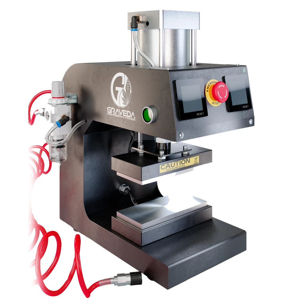 Prensa neumática Graveda Graspresso GP40-5 con placas separadas, pantallas frontales, botón de emergencia y manguera roja en espiral.
