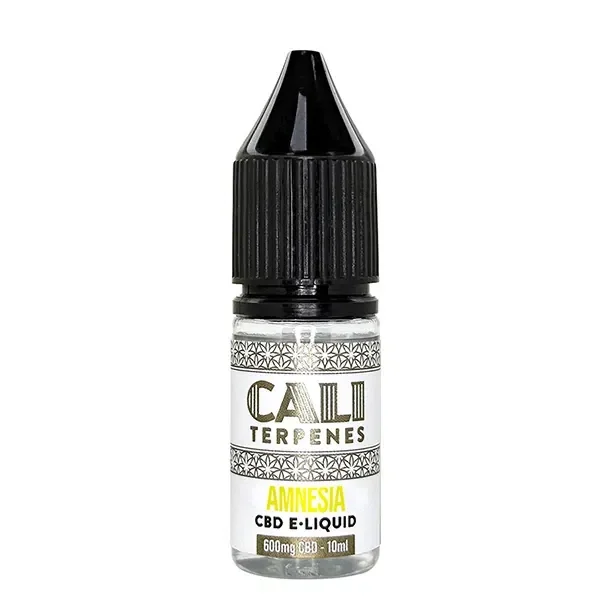 Frasco de CBD E-Liquid Cali Terpenes Amnesia con tapón negro y etiqueta blanca que indica 600 mg de CBD y 10 ml.