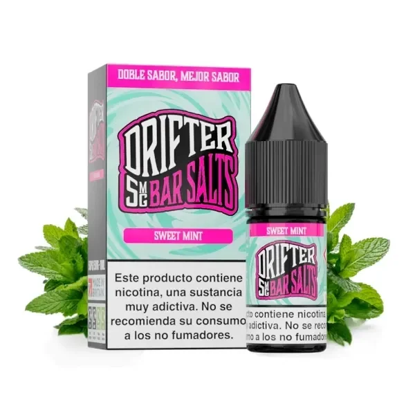 Bote y caja Drifter Bar Salts Sweet Mint, con etiquetas verdes y rosas, tapón negro y hojas de menta alrededor.