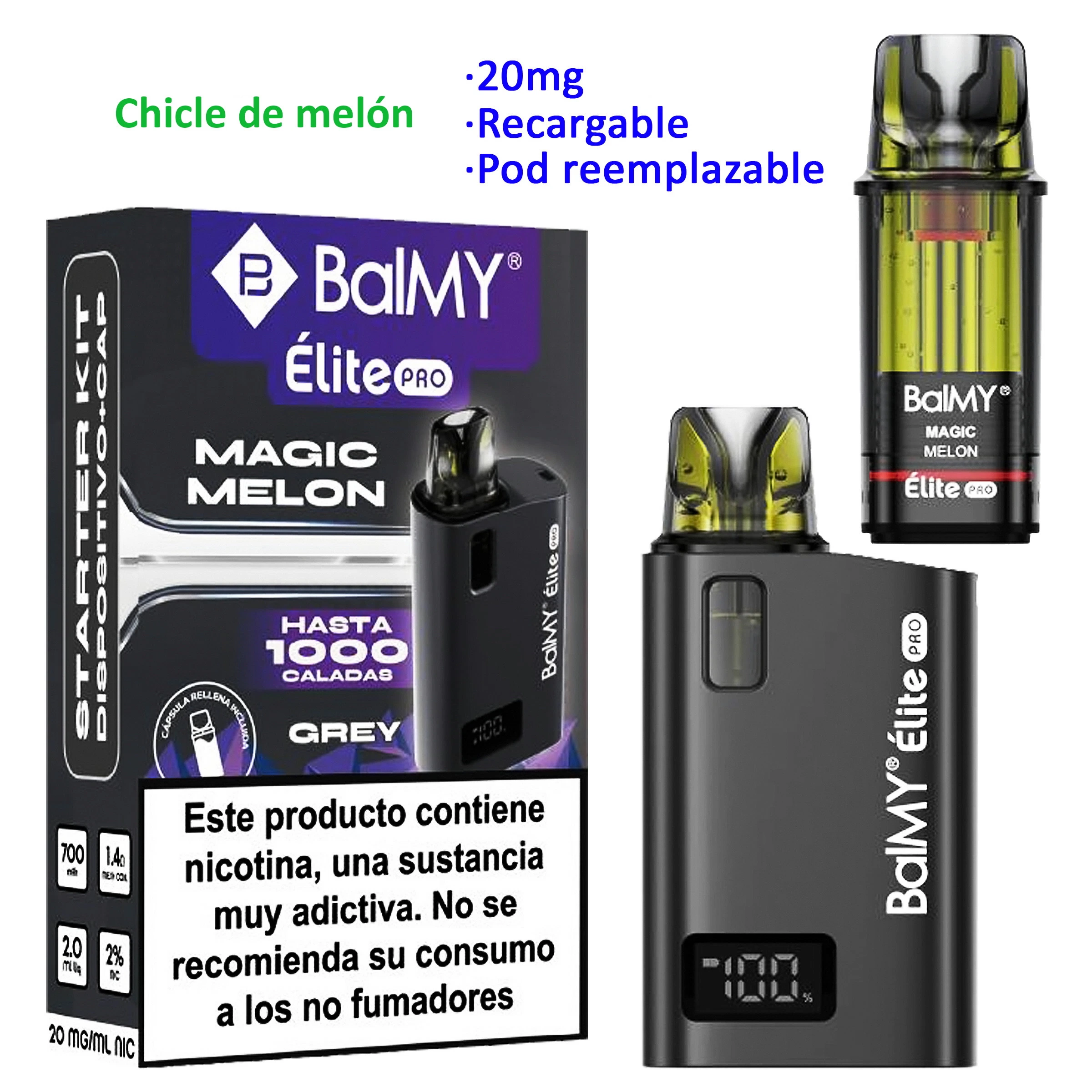 BALMY ÉLITE PRO Magic Melon Grey con caja, dispositivo gris con pantalla y pod separado; texto de 20 mg, recargable y pod reemplazable.