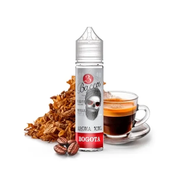 Frasco de 3 Baccos Bogota de 10 ml con etiqueta de calavera, junto a una taza de café, granos y hojas de tabaco.