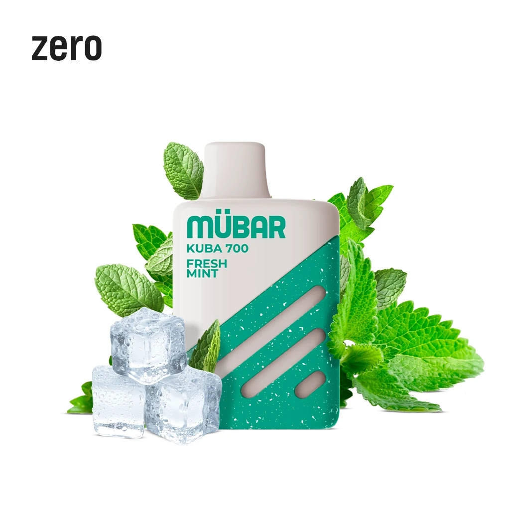 Vaper Mübar Kuba 700 Fresh Mint blanco y verde, rodeado de hojas de menta y cubitos de hielo sobre fondo blanco.