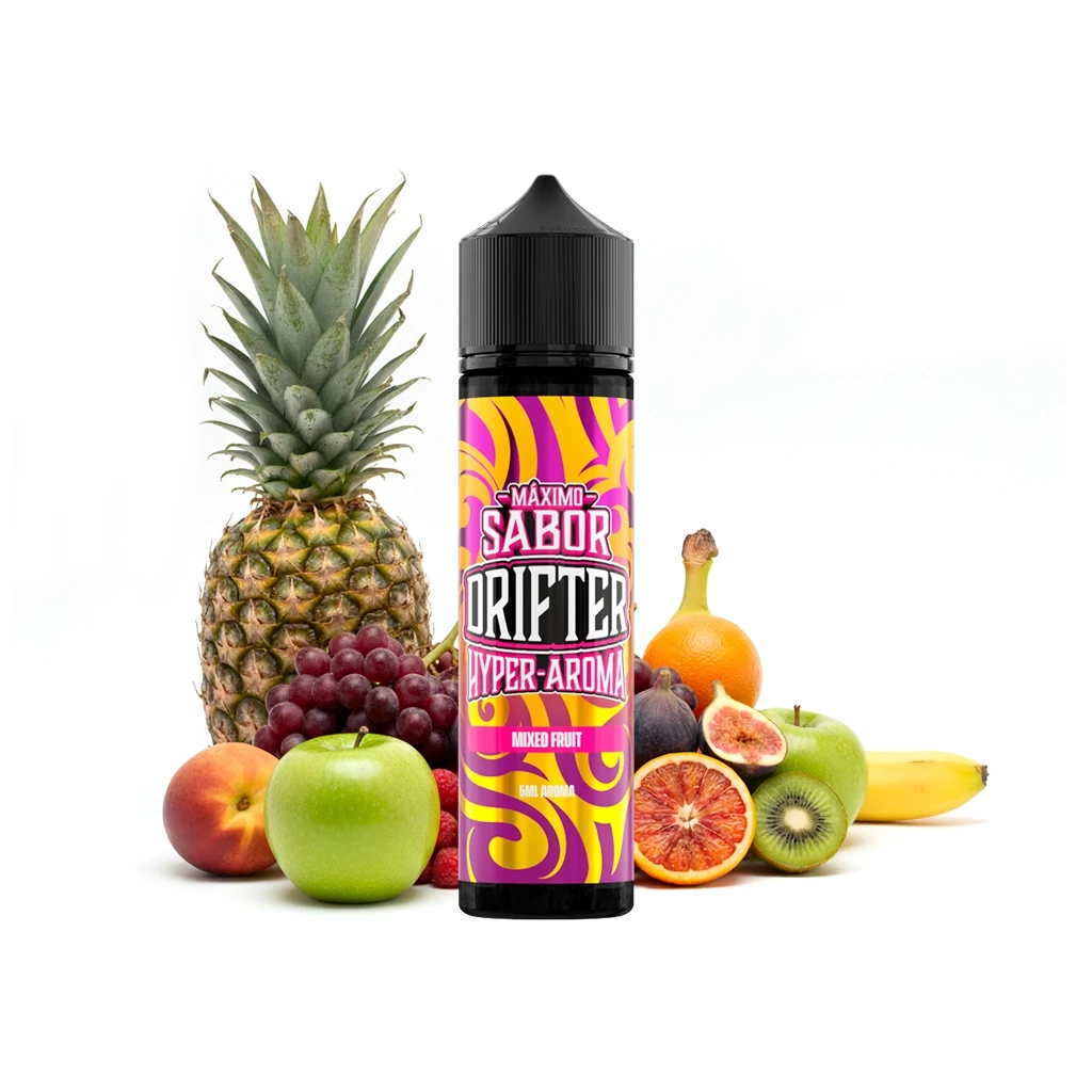 Botella Drifter Hyper-Aroma Mixed Fruit con tapón negro y etiqueta rosa y amarilla, rodeada de frutas enteras y cortadas.