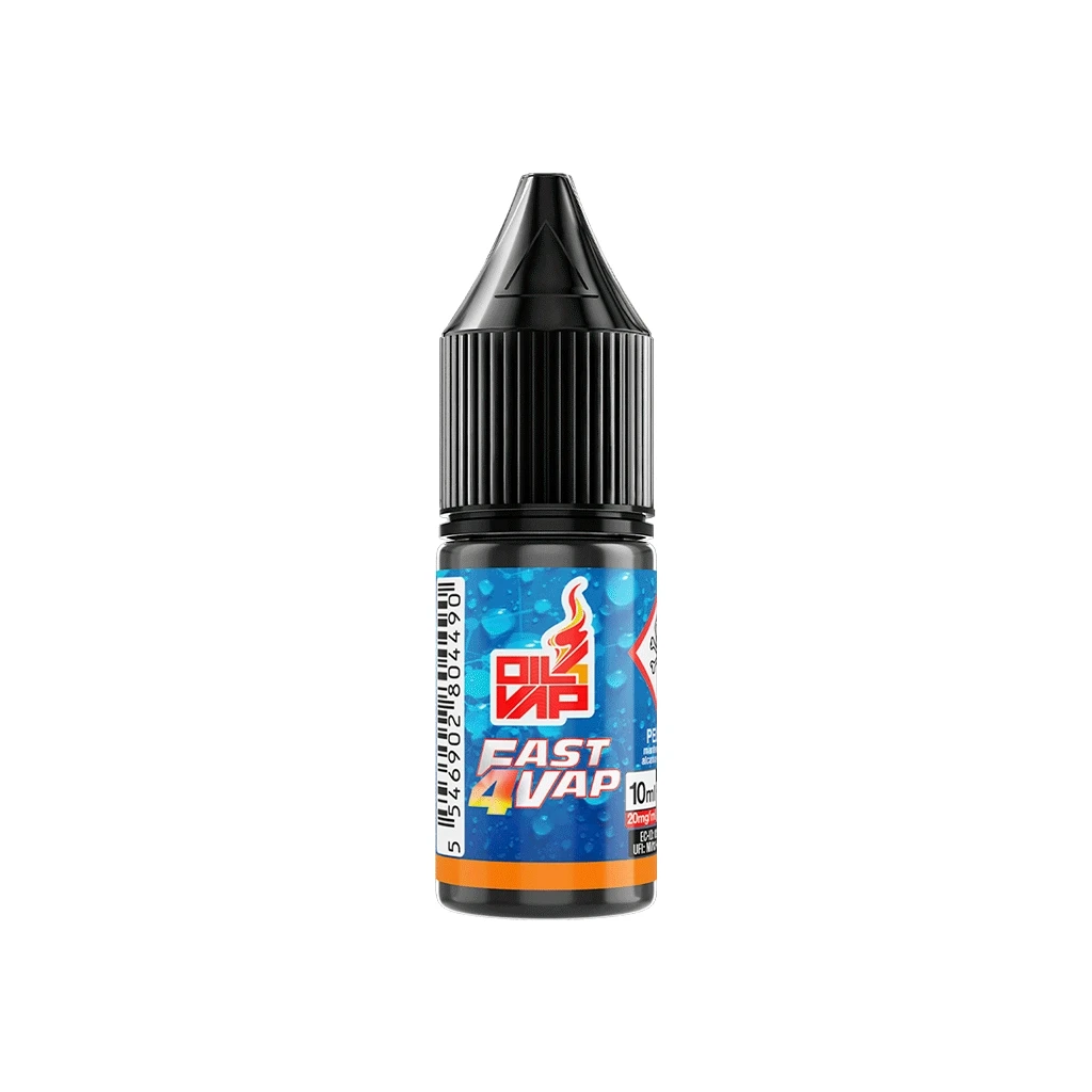 Frasco de nicokit Fast4Vap Oil4Vap con tapón negro alargado y etiqueta azul que indica 10 ml y 20 mg/ml, sobre fondo blanco.