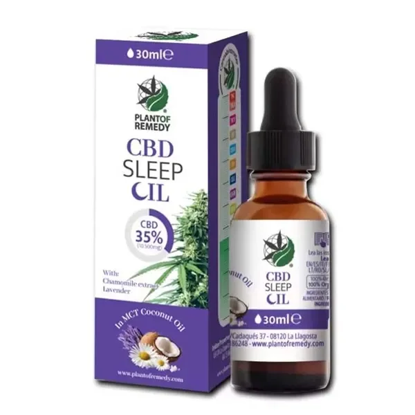Plant of Remedy Sleep Oil 35% CBD: frasco ámbar con cuentagotas negro junto a su caja blanca y morada, con indicación de 30 ml.