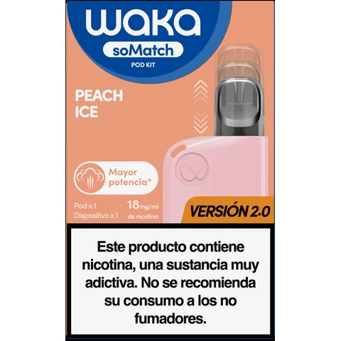 Envase de Waka soMatch Peach Ice con dispositivo rosa, indicaciones de 18 mg/ml y versión 2.0, y advertencia sobre la nicotina.